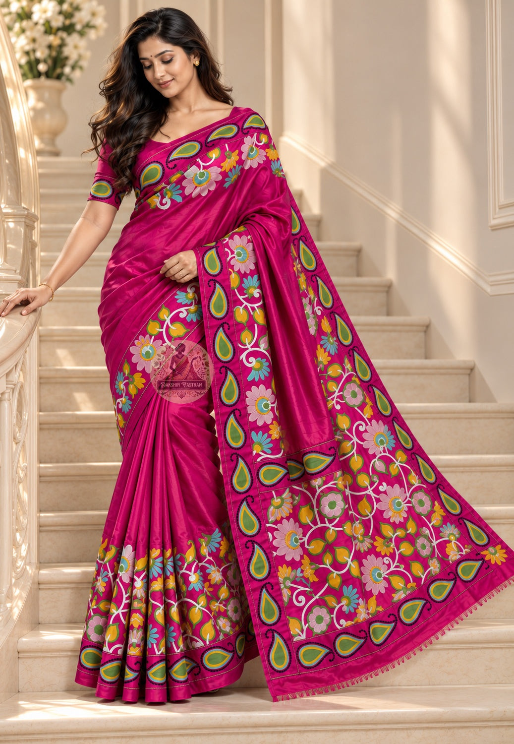 Front view of Bishnupur handloom saree showing intricate temple motif weave and lustrous cotton silk fabric