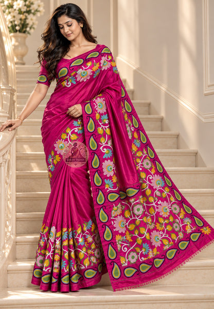 Front view of Bishnupur handloom saree showing intricate temple motif weave and lustrous cotton silk fabric