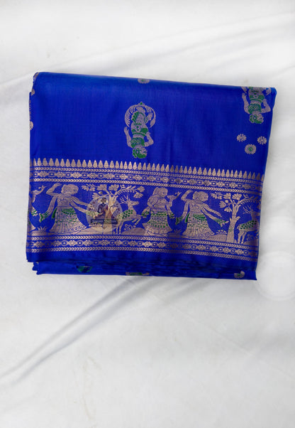 Full flat-lay of Swarnachari Pure Katan Silk Saree with matching blouse piece golden zari bridal Bengal handloom