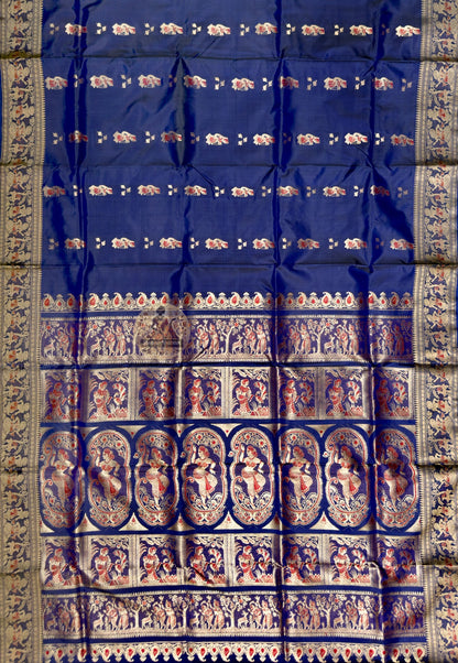 Full saree view of royal blue Swarnachari silk saree with repeating motifs and an elaborate pallu
