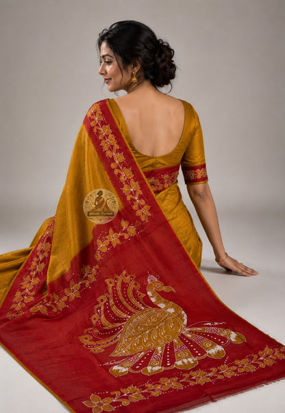 Rear view of premium Bishnupur Silk Saree displaying the richly detailed pallu with hand-woven mythological and temple motifs from the Bishnupur weaving tradition, West Bengal