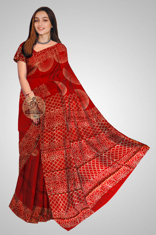 Buy Bishnupuri Katan Silk Saree online – Front view with block print design