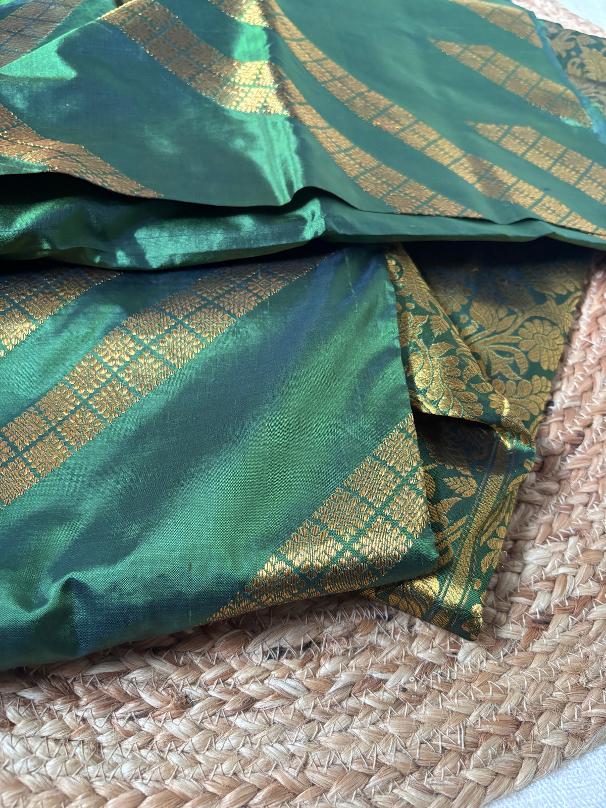 Side view of Paat Mekhela Chador showing Bihu festival drape and kingkhap geometric handloom border authentic Assam mulberry silk