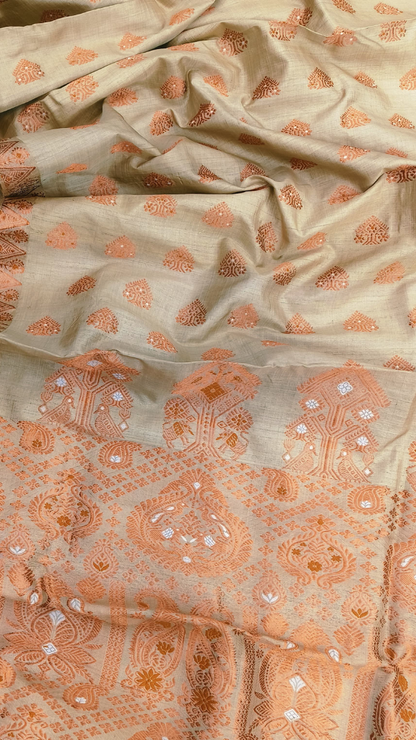 Muga silk saree styled for a Bihu celebration and Indian wedding — authentic Assam handloom delivered to Bristol, Sheffield and worldwide