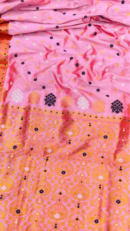 Intricate handwoven pallu detail of Assam Silk Saree — traditional Assamese motifs, shipped to London and Birmingham