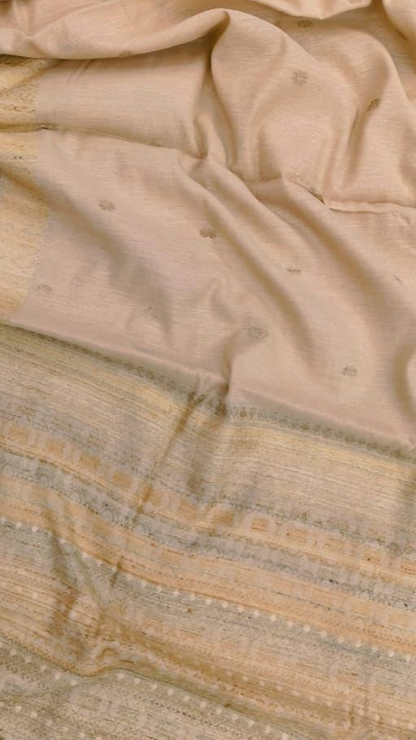 Full-length flat lay of Dakshin Vastram Eri Silk Saree, handloom Assam silk with natural matte finish and woven border detail