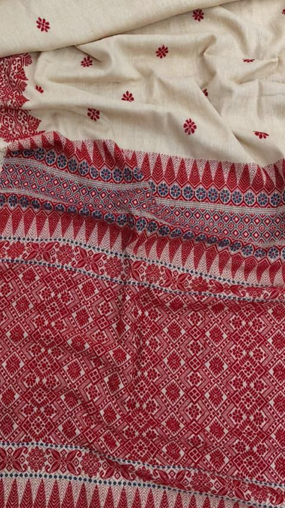 Full-length flat lay of Dakshin Vastram Eri Silk Saree, everyday handloom Assam silk with natural drape and woven border detail