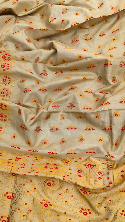 Close-up of running blouse fabric from Pure Muga Silk Saree set, featuring coordinating natural golden Muga silk with handwoven texture and warm deepening finish