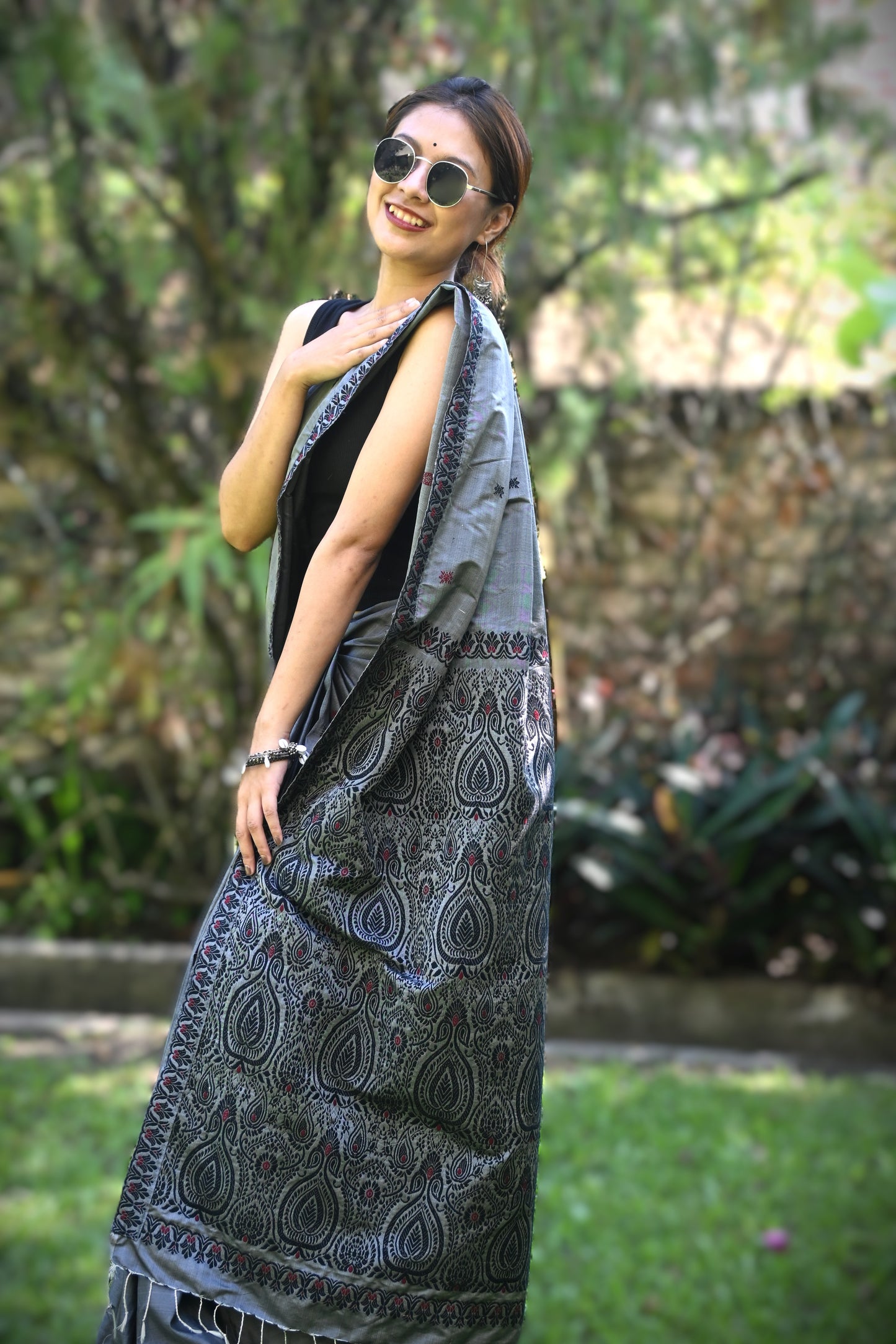 Shop Handwoven Assam Saree – Saree with matching blouse view