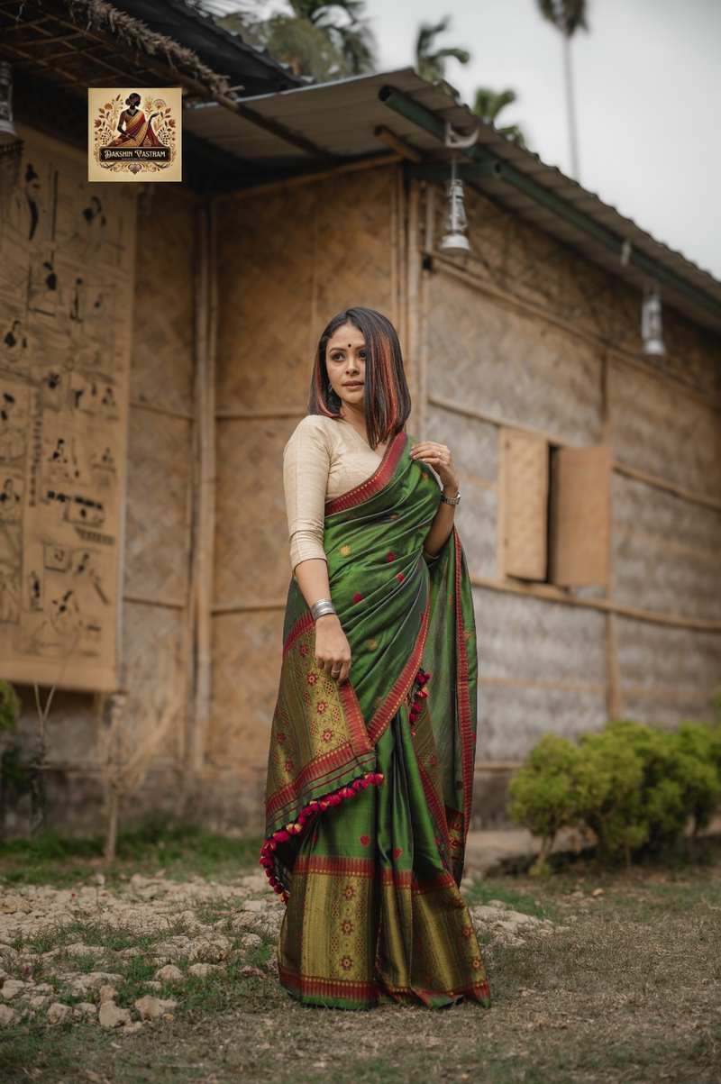 Assamese Mekhela Chador for Bihu festival in handwoven silk – traditional two-piece by Dakshin Vastram UK