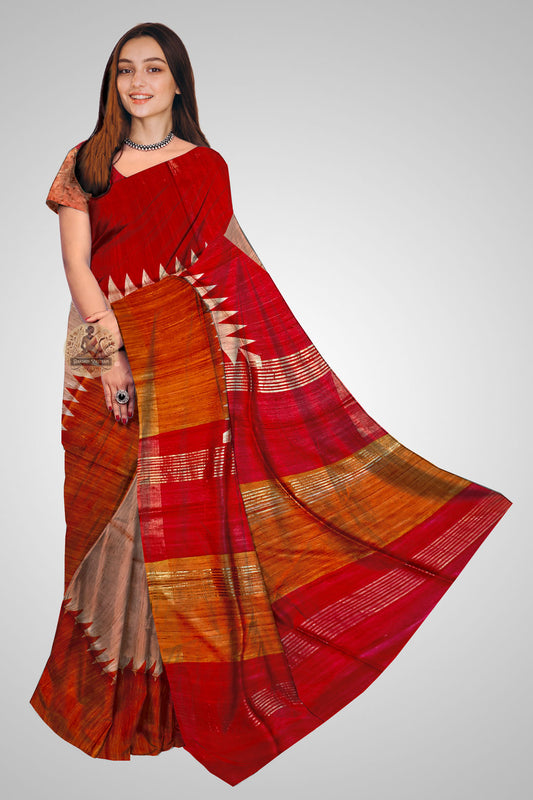 Buy Tussar Silk Saree online – Earthy toned front view of Tussar weave