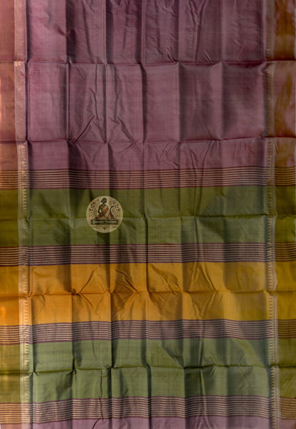Rear view of Bishnupur Katan Silk Saree displaying pallu with hibiscus buti and wave crest Bengal weave motifs