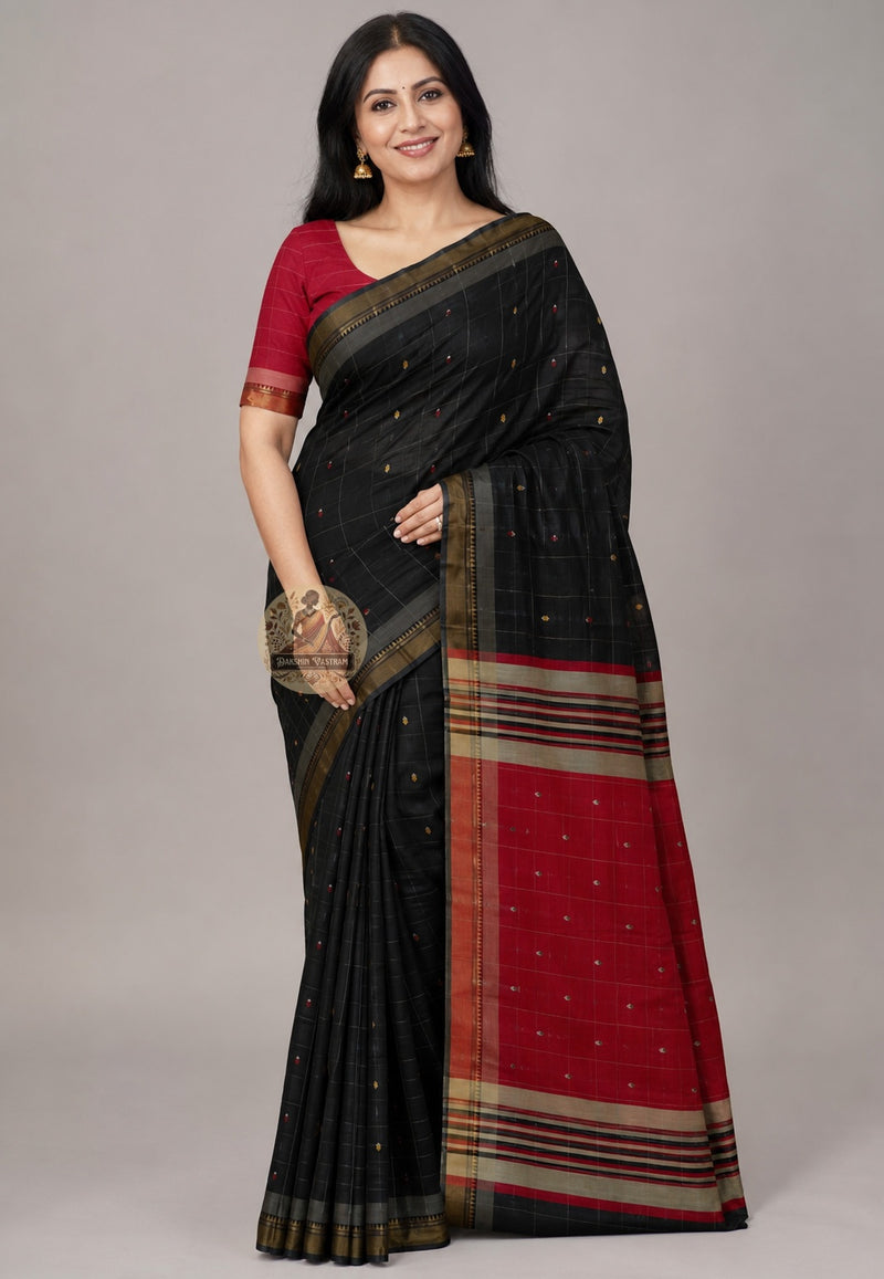 Bishnupuri handwoven pure katan silk saree front view – elegant drape with traditional Bengal motifs, perfect for weddings and Durga Puja
