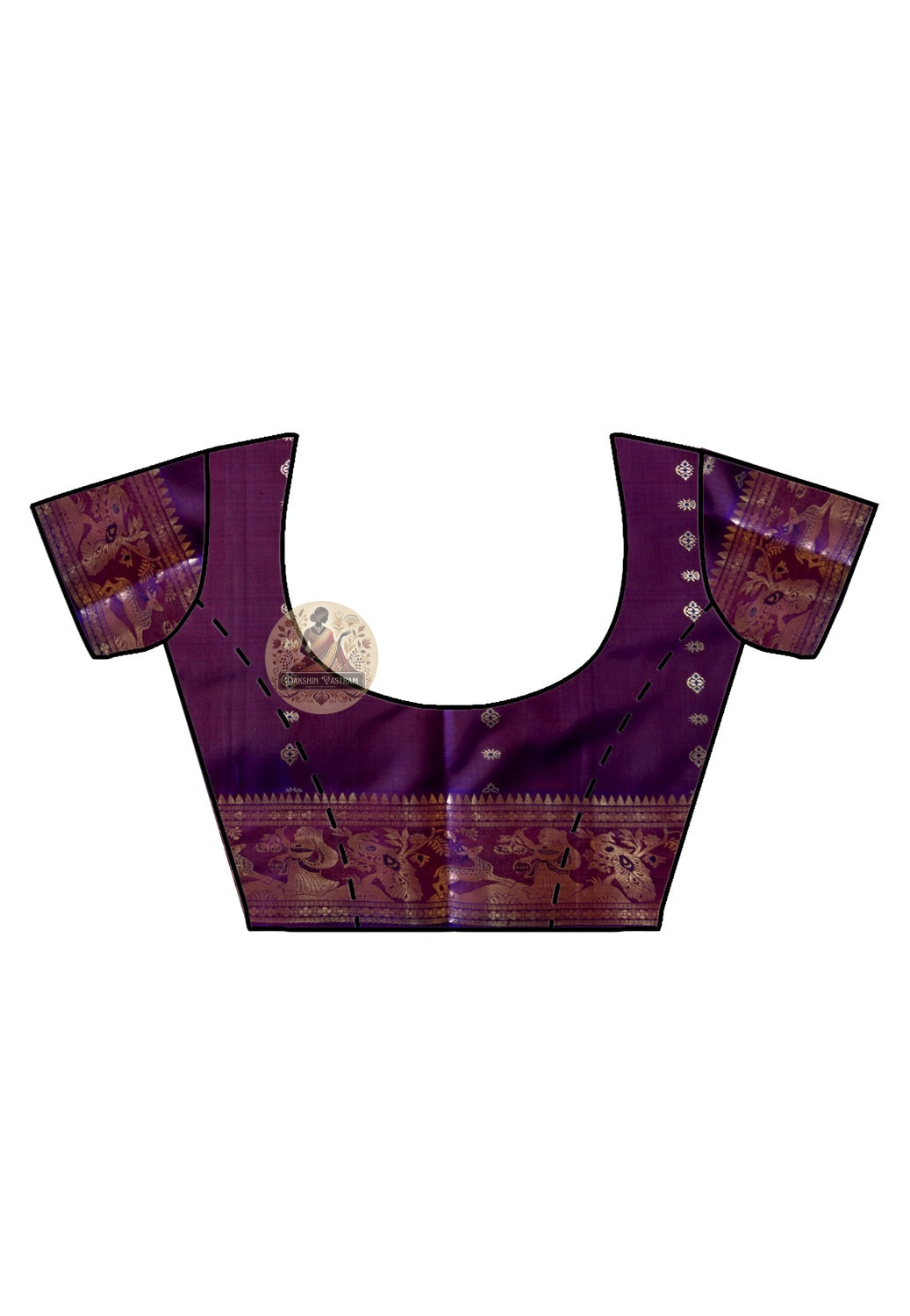 Close-up of gold zari embellishment on magenta purple Swarnachari handwoven silk saree