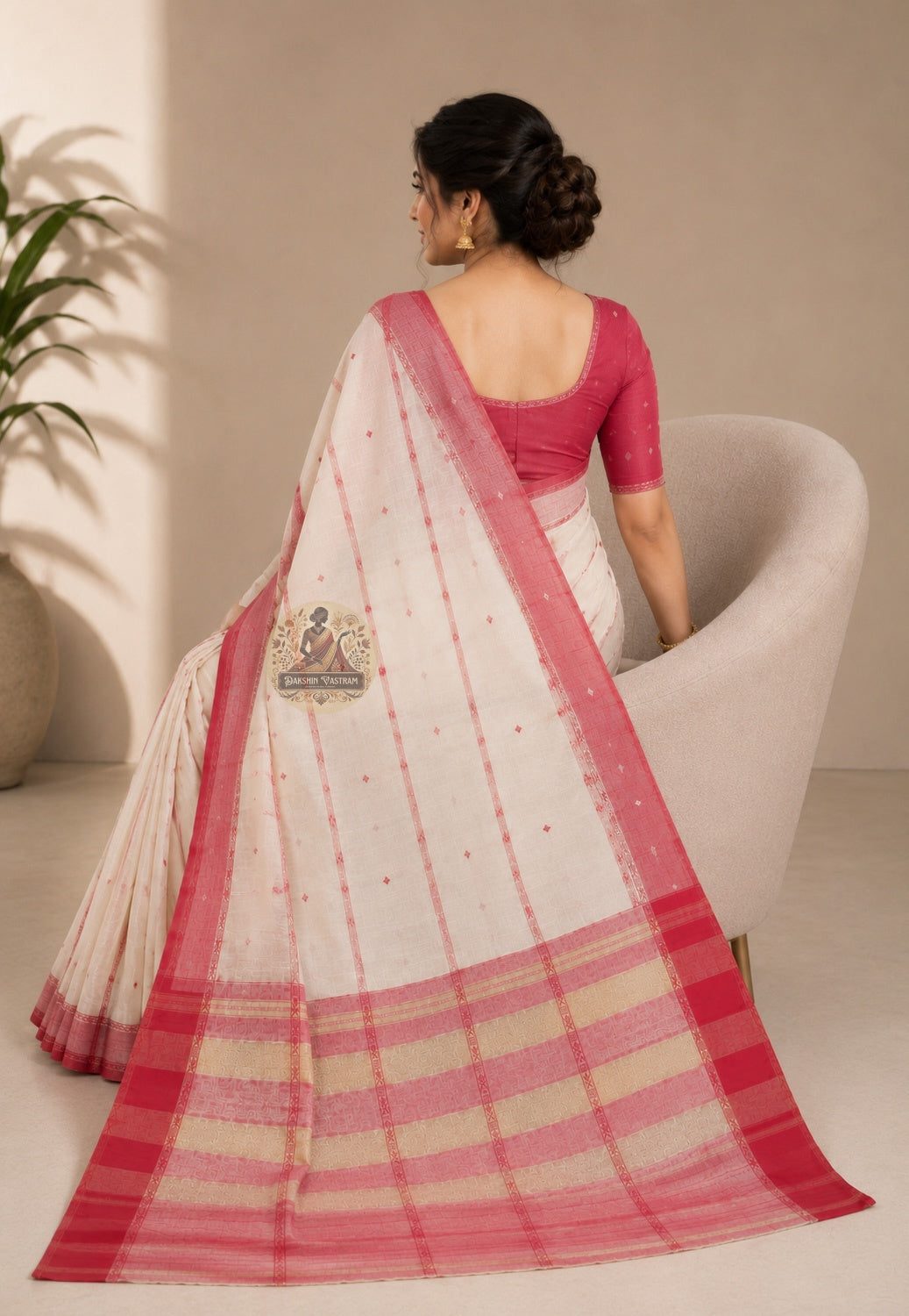 Rear view of West Bengal handloom cotton saree with pallu draped over the shoulder