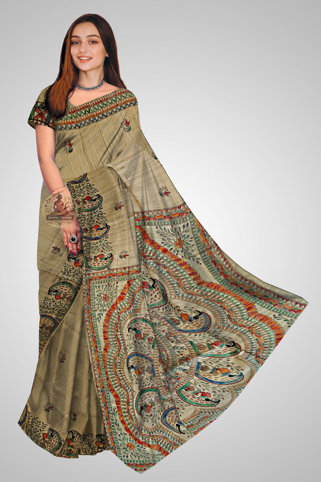 Buy Tussar Silk Saree online – Front view of natural handloom drape
