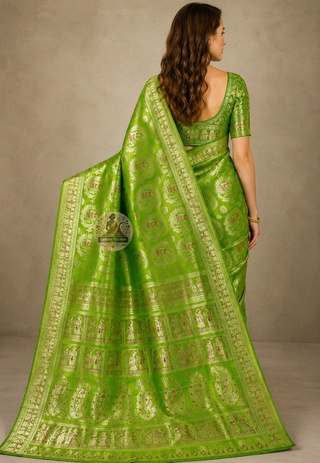 Front view of woman wearing Swarnachari Silk Saree with white silk blouse Dashami sindoor khela farewell ceremony Kolkata 2026