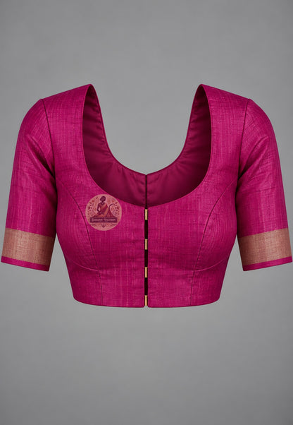 Matching blouse piece included with Ghicha Tussar pure silk connoisseur festive saree, pre-woven in the same naturally textured Tussar silk fabric from West Bengal