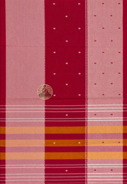 Full length view of pure cotton handloom saree without blouse, displaying complete body, border, and pallu across all seasons