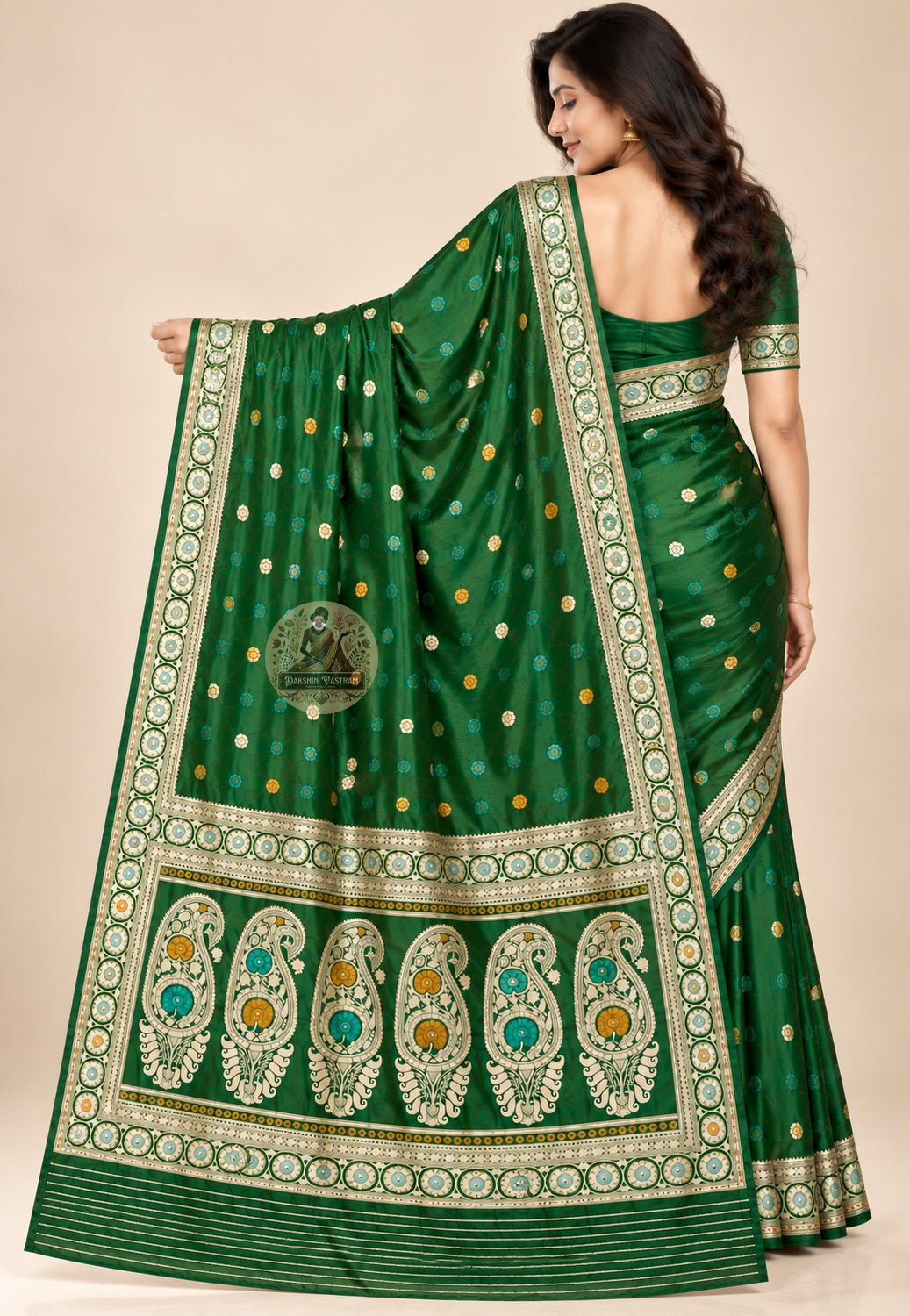 Side view of Bishnupur Baluchari pure silk connoisseur's saree displaying natural lustrous drape and silk ground quality for Durga Puja Ashtami and Indian wedding receptions