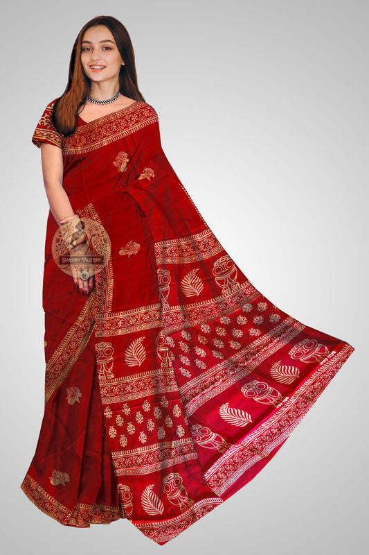 Buy Bishnupuri Pure Katan Silk Block Print Saree online – Front view of Mulberry silk saree