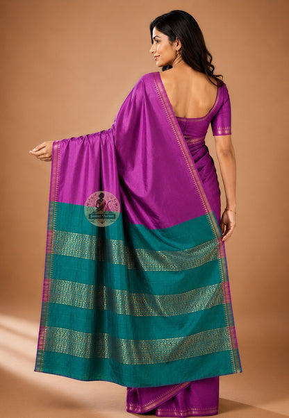 Side view of Bishnupur Pure Katan Silk Saree showing structured festive drape and stepped pyramid handloom border