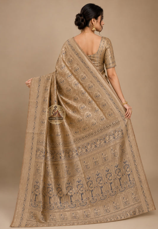Front view of woman in premium Swarnachari pure silk saree, traditional Bengali drape with devotion-grade golden zari pallu of sustained craft intention over left shoulder