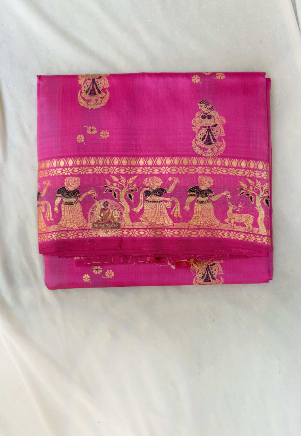 Close-up of hand-woven Krishna Leela scene in pallu of Baluchari Silk Saree, supplementary weft technique Bengal