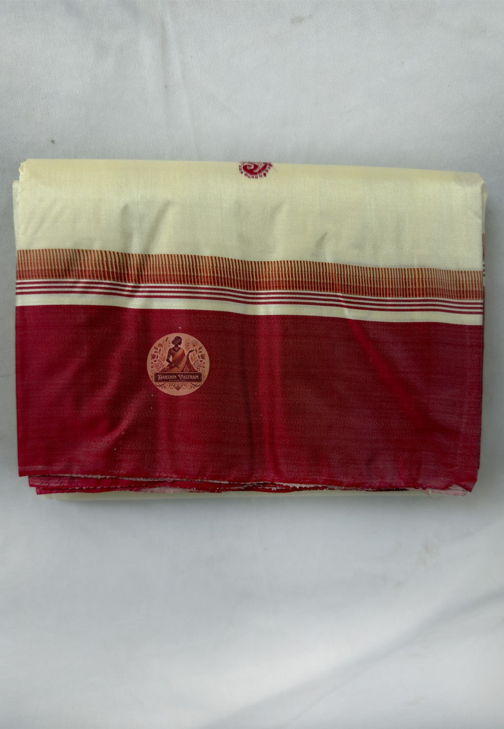 Close-up of pallu of Bishnupur Garad sacred ivory silk saree showing traditional woven Bengal border motifs by Bankura artisan weavers