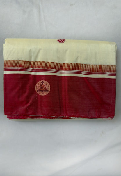 Close-up of pallu of Bishnupur Garad sacred ivory silk saree showing traditional woven Bengal border motifs by Bankura artisan weavers