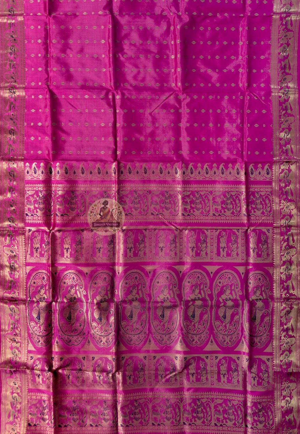 Close-up of Swarnachari silk saree weave showing golden zari Ramayana figures Malla court motifs and Bishnupur temple art patterns each formed one thread at a time on pure silk