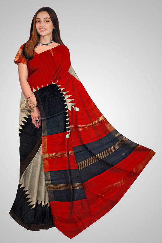 Buy Tussar Silk Saree online – Earth-toned raw silk front view