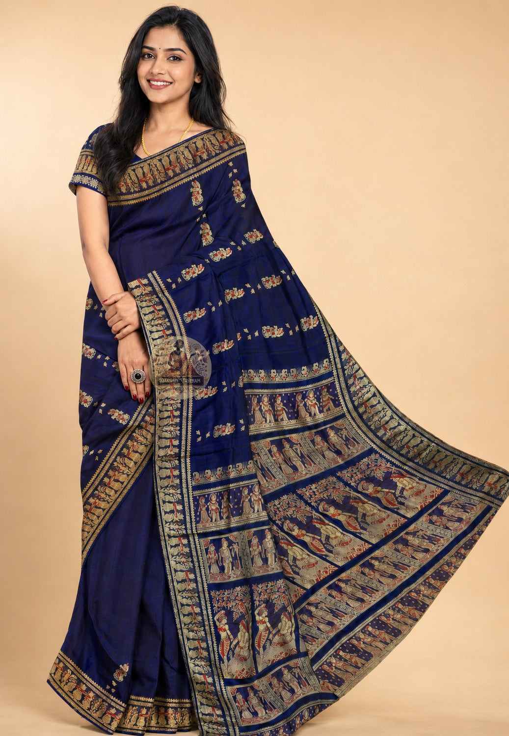 Front view of Baluchari Pure Silk Saree draped on model, showcasing the handwoven narrative silk body with traditional Baluchari buti motifs — a tradition that survived near-extinction and came back stronger, woven in pure Bengal silk