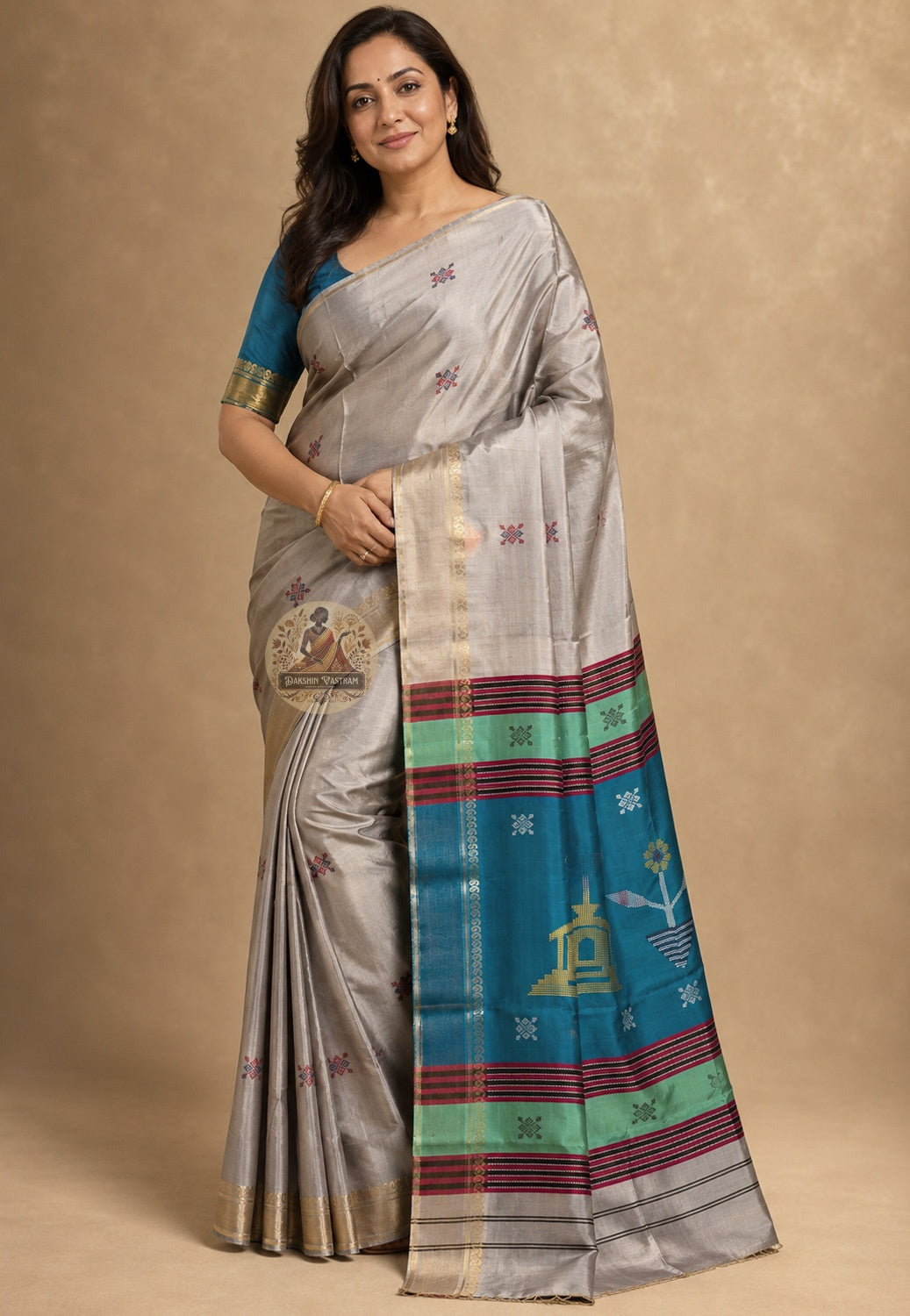 Side view of Bishnupur Pure Katan Silk Saree showing composed formal drape and kantha square grid handloom border