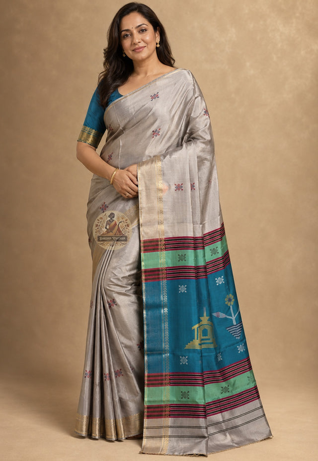 Side view of Bishnupur Pure Katan Silk Saree showing composed formal drape and kantha square grid handloom border