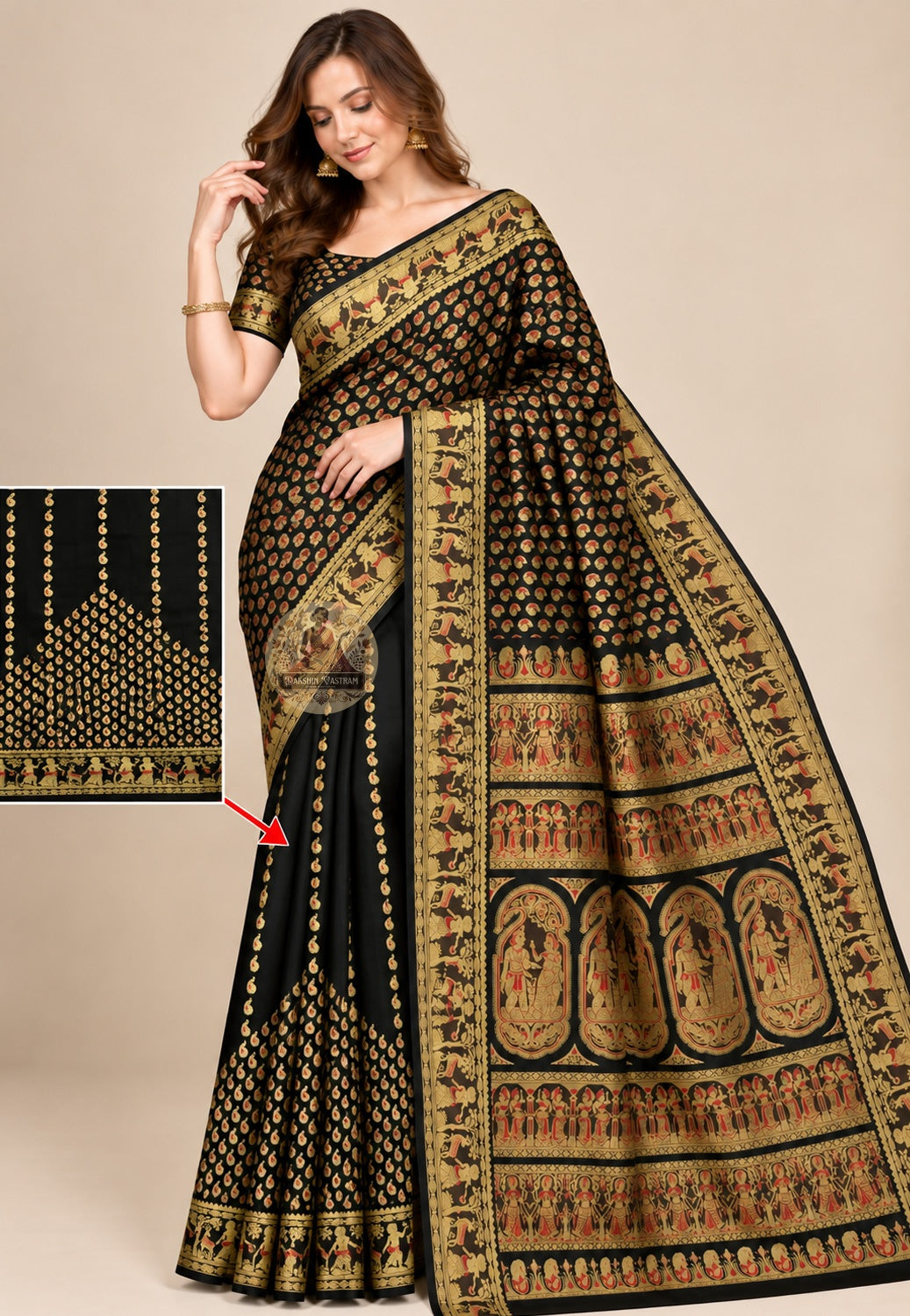 Front view of black Baluchari silk saree with multicoloured motifs and gold-toned borders