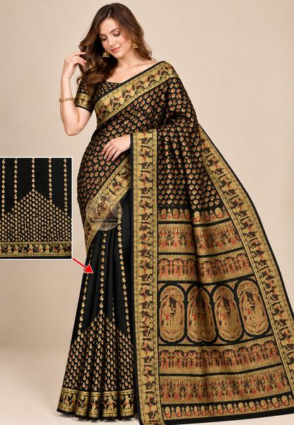 Front view of black Baluchari silk saree with multicoloured motifs and gold-toned borders