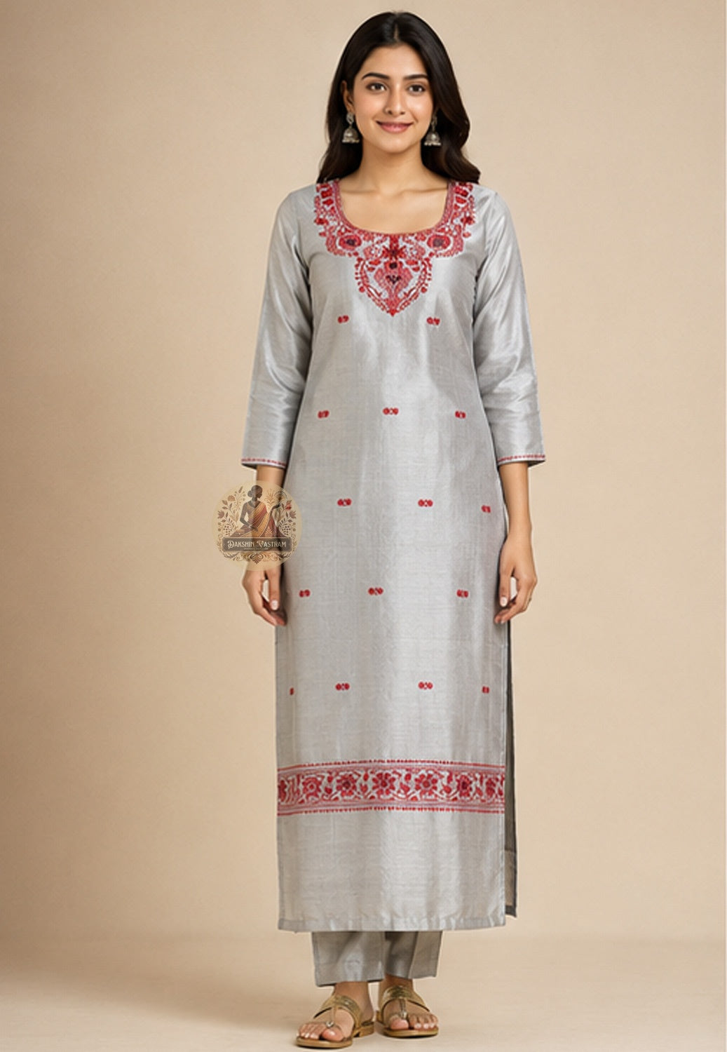 Handloom Baluchari silk unstitched kurti piece in Grey with Resham woven neckline motifs – Dakshin Vastram
