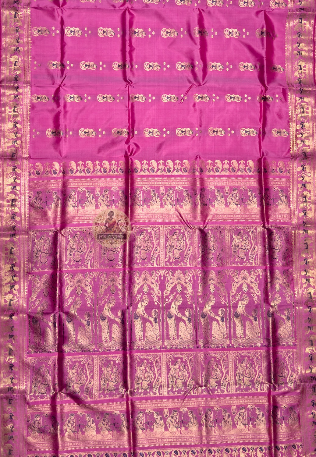 Side view of Swarnachari handloom silk saree showing golden zari border brilliance and lightweight pure silk drape in movement, Bengal weave