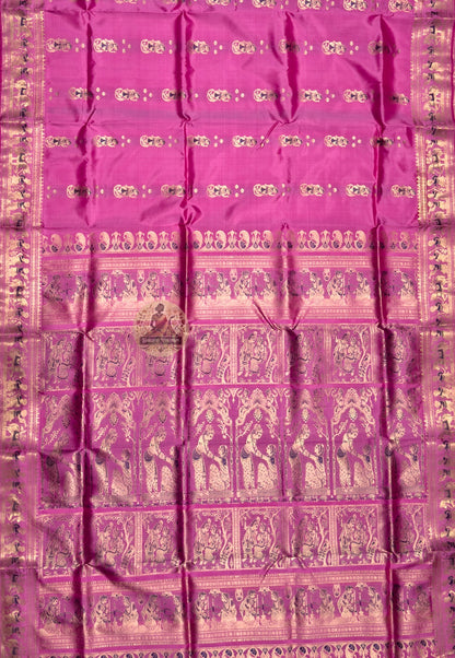 Side view of Swarnachari handloom silk saree showing golden zari border brilliance and lightweight pure silk drape in movement, Bengal weave