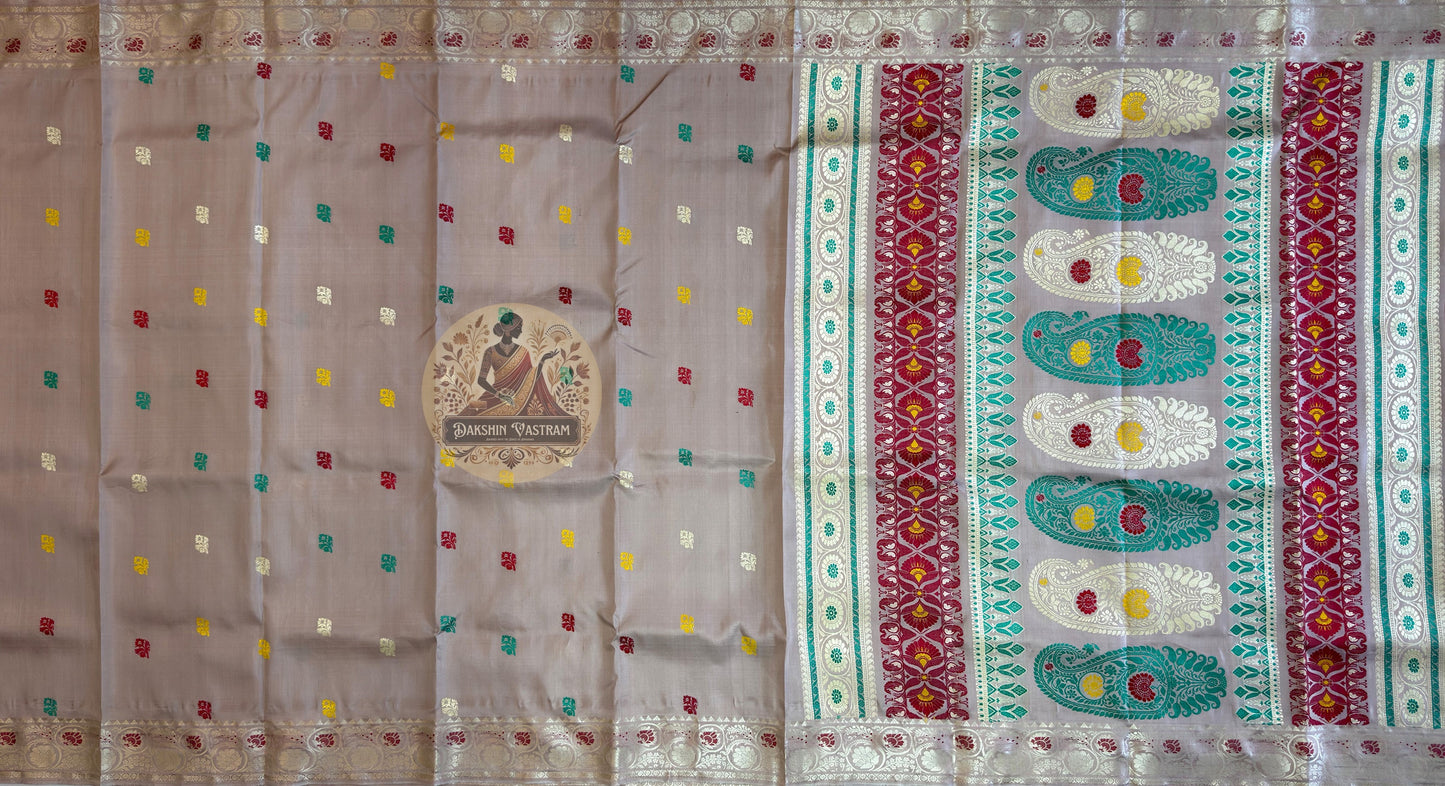 Close-up of the handwoven narrative pallu of Baluchari Pure Silk Saree, showcasing intricate mythology scenes composed by a master weaver and woven directly into pure silk — a legacy to be passed from one generation to the next