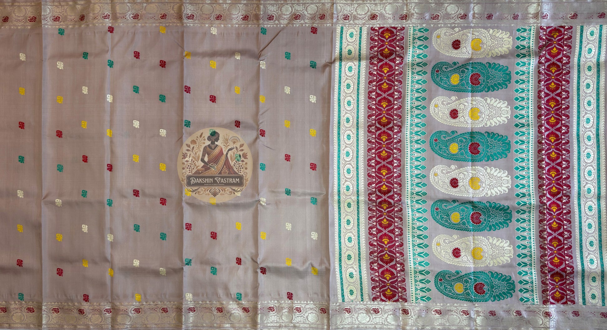 Close-up of the handwoven narrative pallu of Baluchari Pure Silk Saree, showcasing intricate mythology scenes composed by a master weaver and woven directly into pure silk — a legacy to be passed from one generation to the next