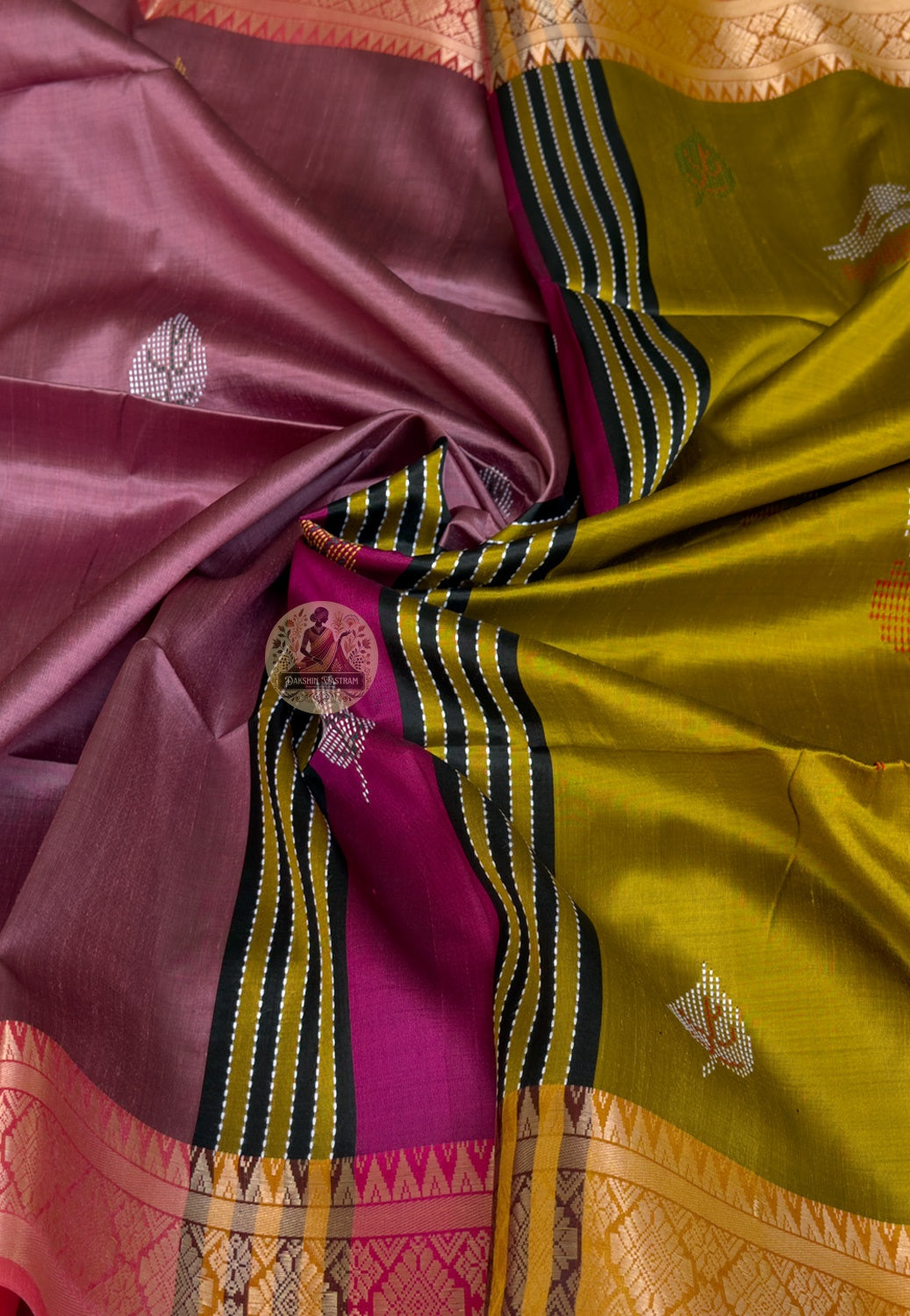 Full flat-lay of Bishnupur Pure Katan Silk Saree with matching blouse piece handloom Saptami Puja 2026 Bengal