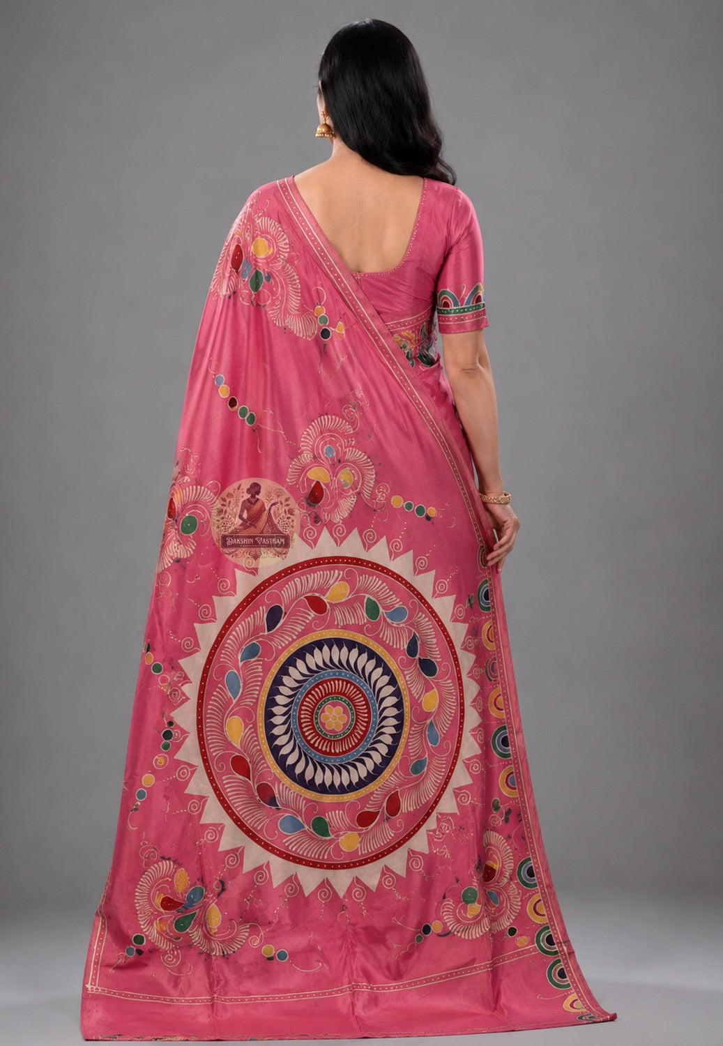 Rear view of Bishnupur handwoven Katan silk saree with terracotta art inspired pallu motifs, Bengal temple town