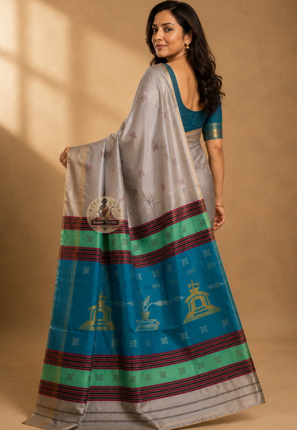 Front view of Bishnupur Katan Silk Saree with handwoven kantha square grid and foliage buti motifs West Bengal