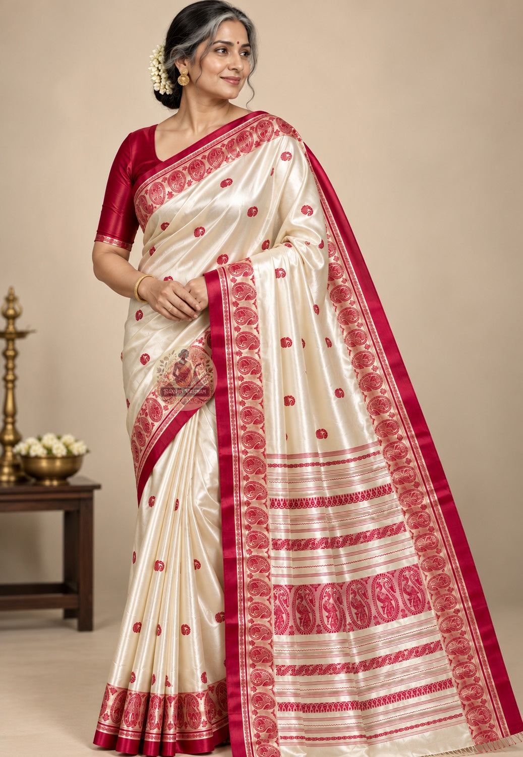 Front view of Bishnupur Garad pure silk saree in natural ivory, handwoven from pure mulberry silk for Bengali puja and festive occasions