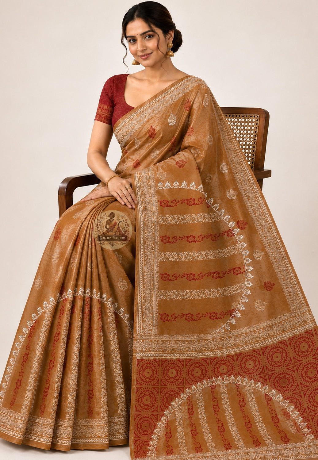 Front view of Bishnupur Katan silk saree with terracotta motifs, handwoven Bengal, draped for Indian wedding