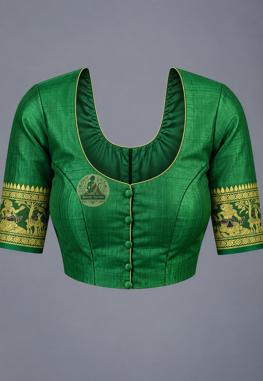 Blouse paired with emerald green Baluchari silk saree, featuring a patterned sleeve border