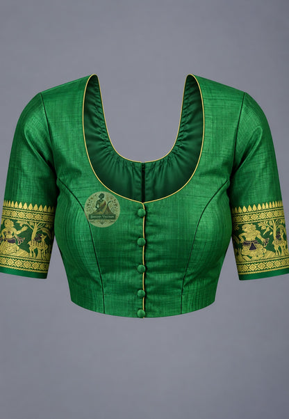 Blouse paired with emerald green Baluchari silk saree, featuring a patterned sleeve border