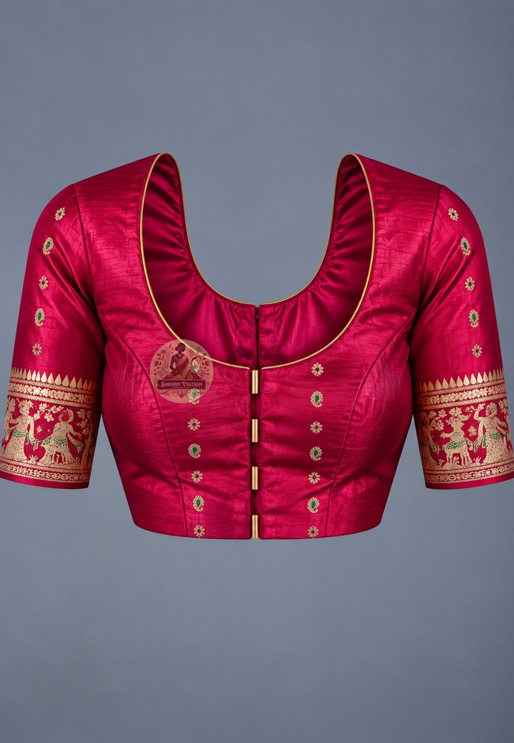 Matching blouse piece included with Swarnachari pure silk memory golden zari saree, pre-woven in the same Swarnachari silk by West Bengal handloom artisan weavers in Bishnupur Bengal